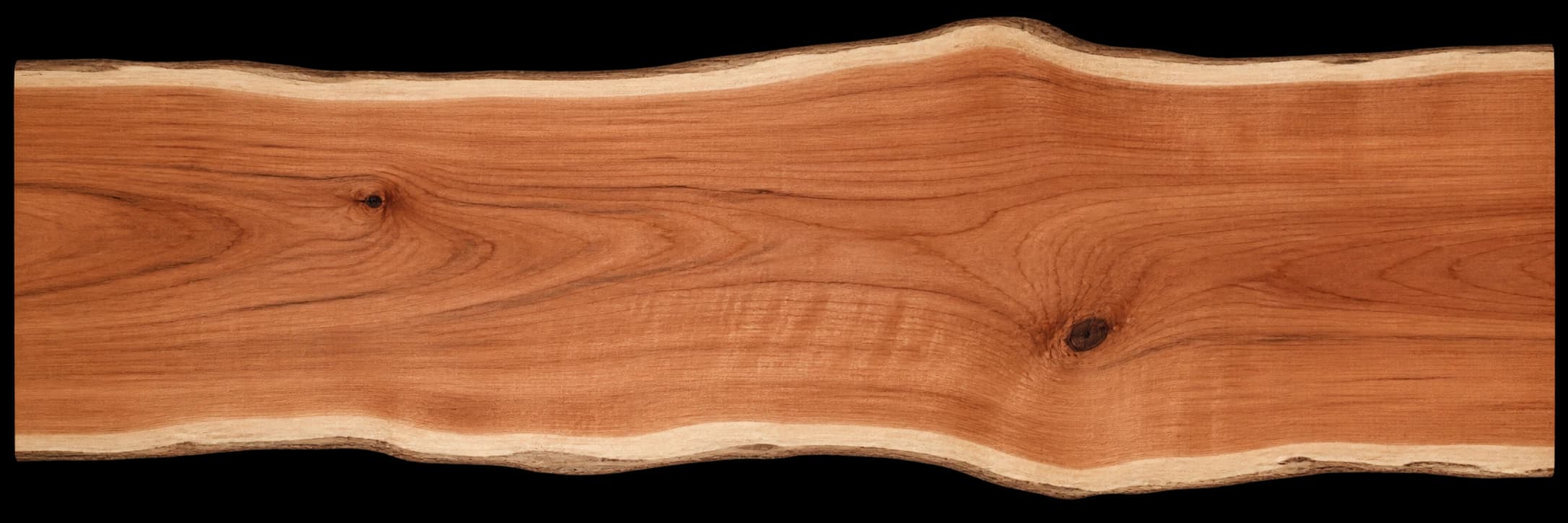 AI-generated overhead reference of one intact live-edge cherry slab with fine flowing grain, small knots, and pale sapwood edges