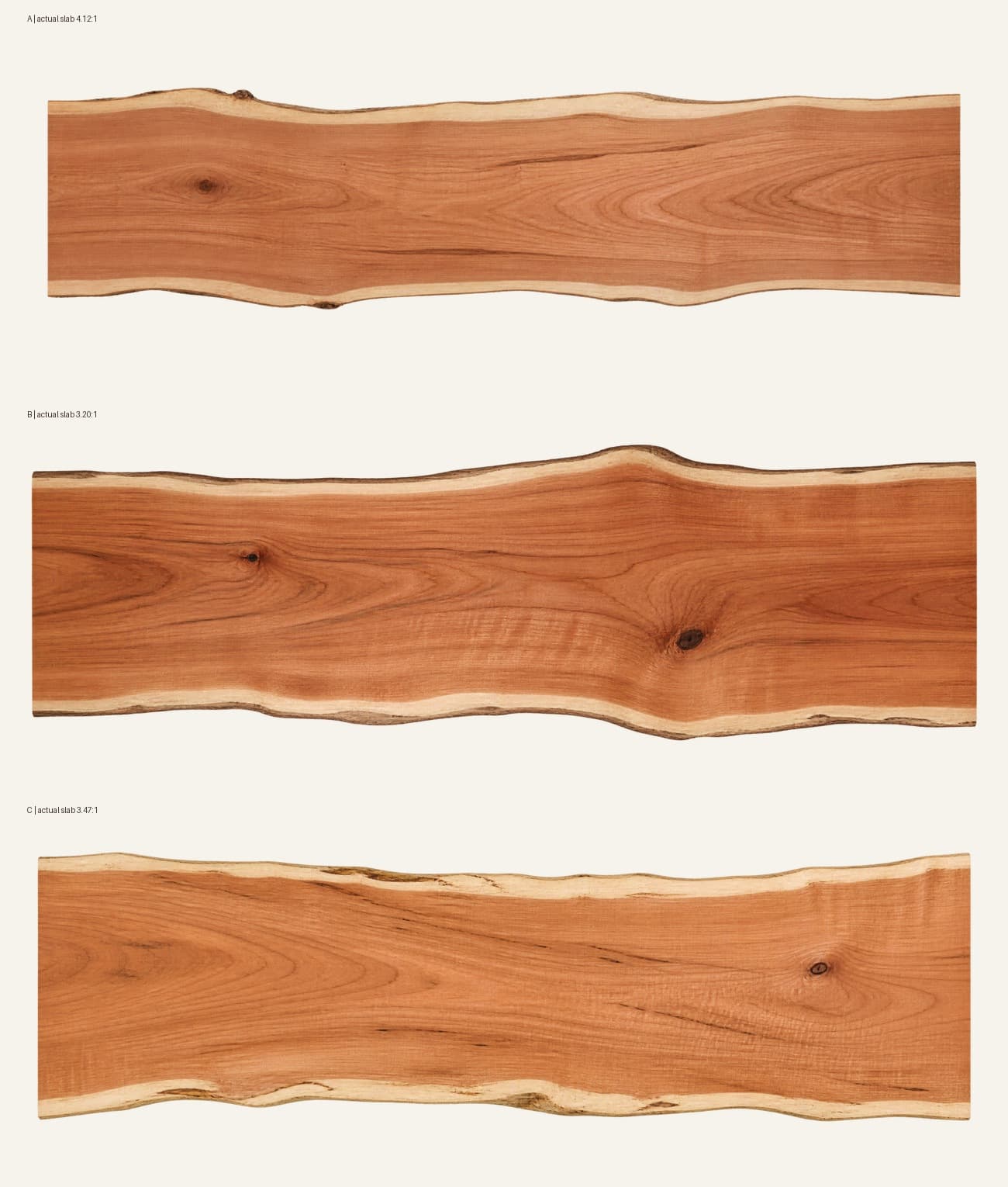 Three generated cherry slabs: A is slender at 4.1:1, B is the selected broader slab at 3.2:1 with two knots, and C has quieter ribbon grain at 3.5:1